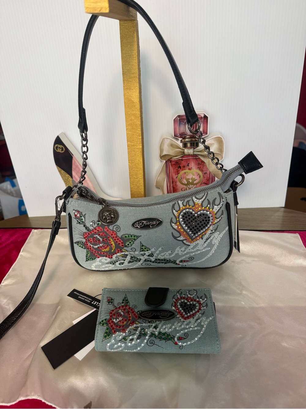 Ed Hardy blue denim Shoulder and cross body Bag with matching wa Rose & Heart